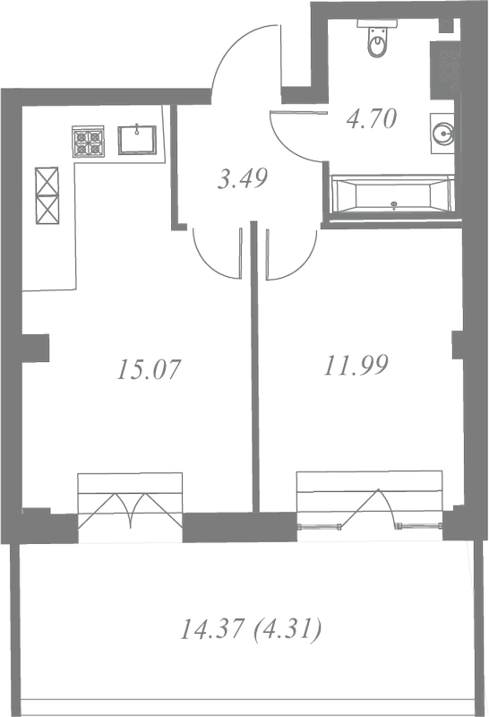 План квартиры №238 с 1 спальней на 7 этаже 3 корпуса ЖК Neva Residence