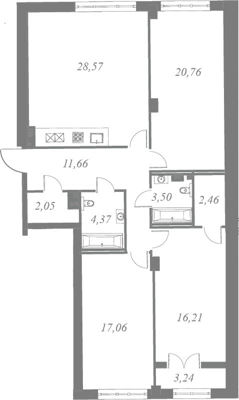 План квартиры №241 с 3 спальнями на 7 этаже 3 корпуса ЖК Neva Residence