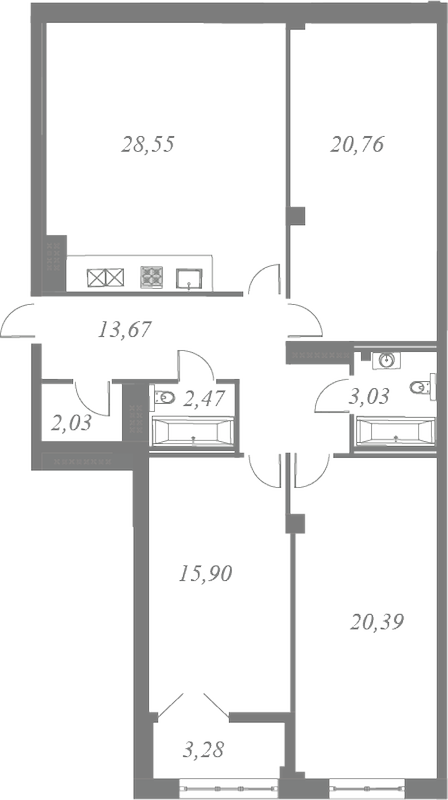 План квартиры №244 с 3 спальнями на 8 этаже 3 корпуса ЖК Neva Residence
