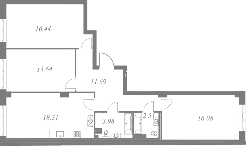 План квартиры №253 с 3 спальнями на 3 этаже 3 корпуса ЖК Neva Residence