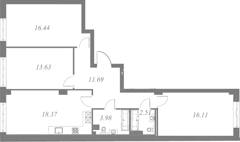 План квартиры №257 с 3 спальнями на 4 этаже 3 корпуса ЖК Neva Residence