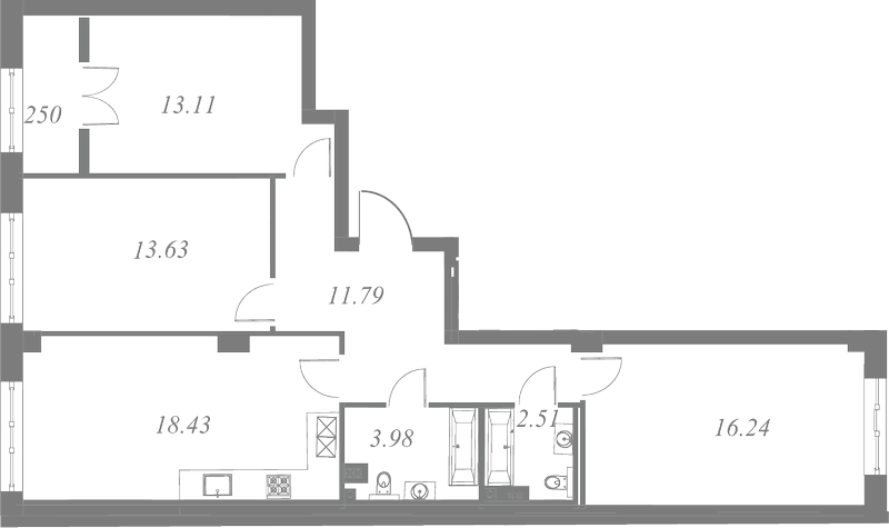 План квартиры №261 с 3 спальнями на 5 этаже 3 корпуса ЖК Neva Residence