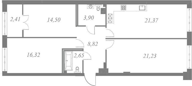 План квартиры №264 с 3 спальнями на 5 этаже 3 корпуса ЖК Neva Residence