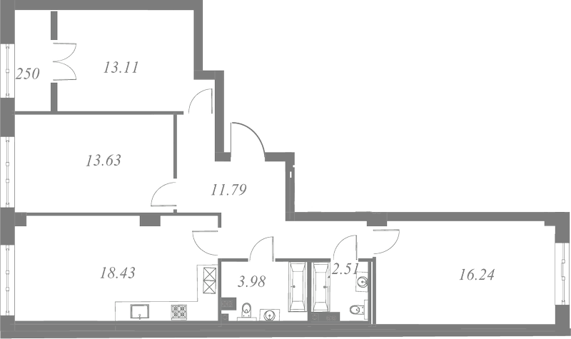План квартиры №269 с 3 спальнями на 7 этаже 3 корпуса ЖК Neva Residence