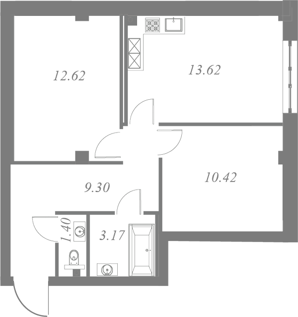 План квартиры №27 с 2 спальнями на 4 этаже 3 корпуса ЖК Neva Residence