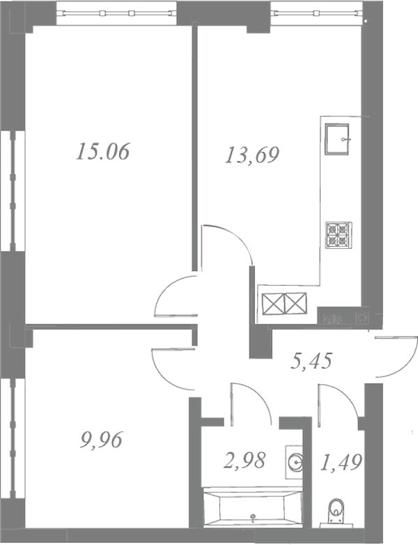 План квартиры №279 с 2 спальнями на 1 этаже 3 корпуса ЖК Neva Residence