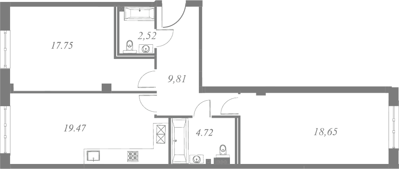 План квартиры №290 с 2 спальнями на 4 этаже 3 корпуса ЖК Neva Residence