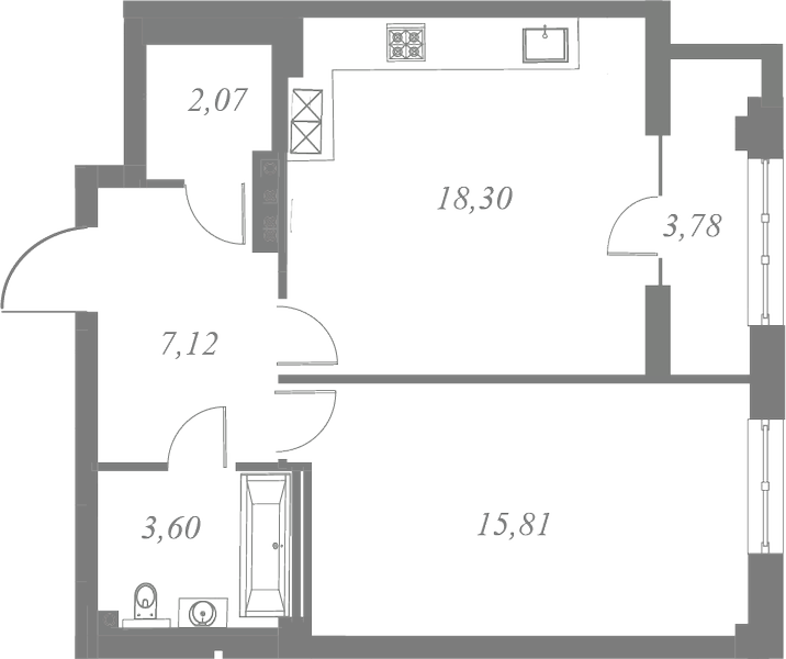 План квартиры №291 с 1 спальней на 4 этаже 3 корпуса ЖК Neva Residence