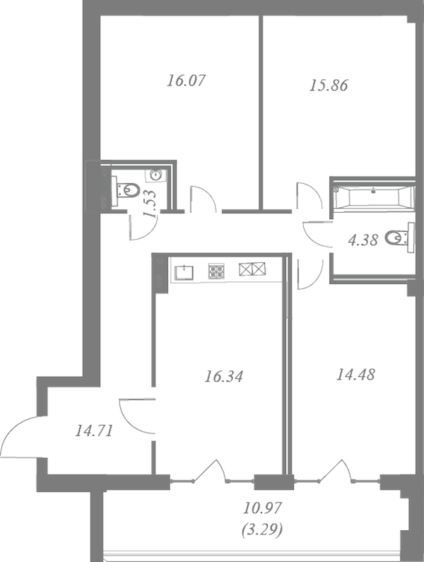 План квартиры №292 с 3 спальнями на 4 этаже 3 корпуса ЖК Neva Residence