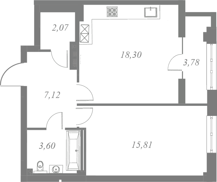 План квартиры №297 с 1 спальней на 5 этаже 3 корпуса ЖК Neva Residence