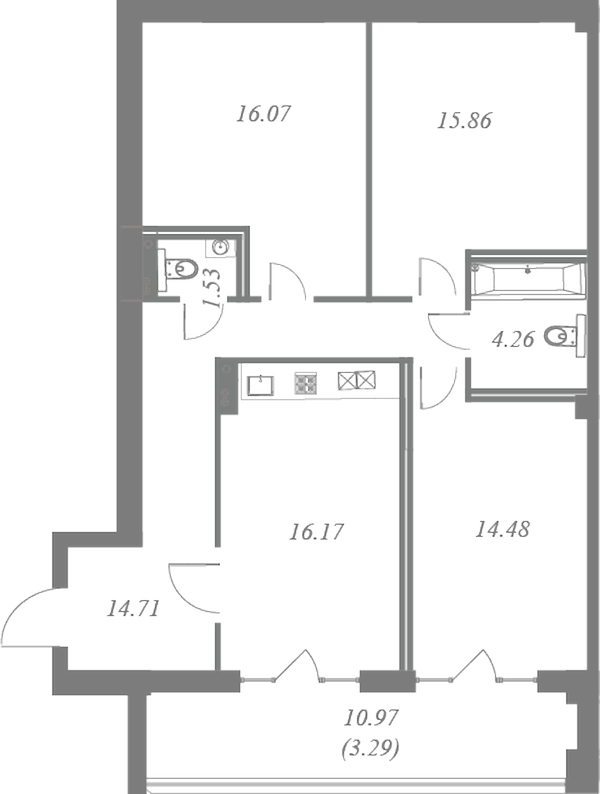 План квартиры №298 с 3 спальнями на 5 этаже 3 корпуса ЖК Neva Residence