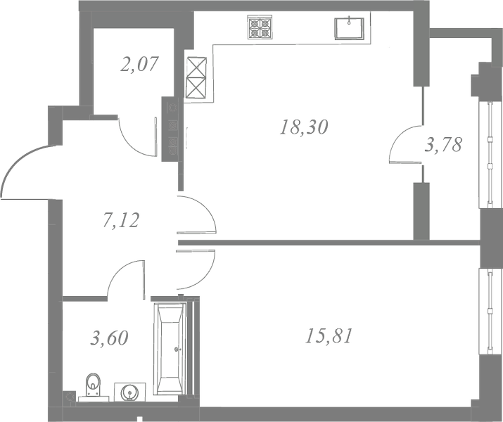План квартиры №303 с 1 спальней на 6 этаже 3 корпуса ЖК Neva Residence