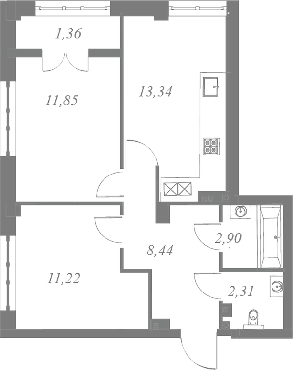 План квартиры №307 с 2 спальнями на 6 этаже 3 корпуса ЖК Neva Residence