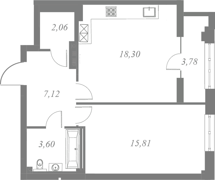 План квартиры №309 с 1 спальней на 7 этаже 3 корпуса ЖК Neva Residence