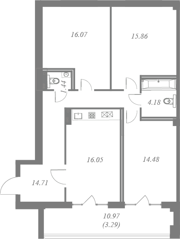 План квартиры №310 с 3 спальнями на 7 этаже 3 корпуса ЖК Neva Residence