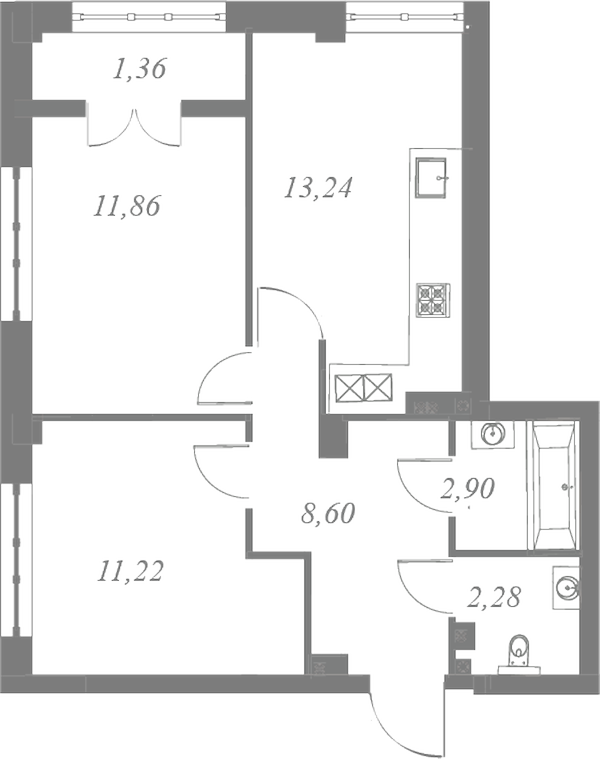 План квартиры №313 с 2 спальнями на 7 этаже 3 корпуса ЖК Neva Residence