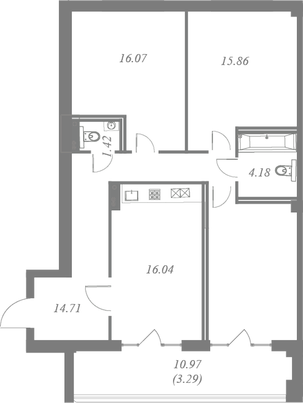 План квартиры №316 с 3 спальнями на 8 этаже 3 корпуса ЖК Neva Residence