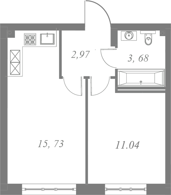 План квартиры №33 с 1 спальней на 4 этаже 3 корпуса ЖК Neva Residence