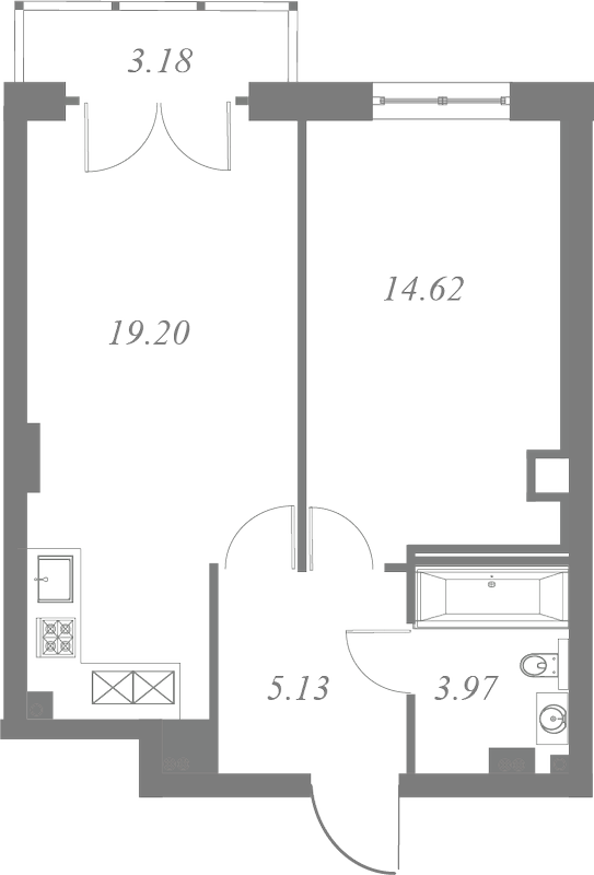 План квартиры №38 с 1 спальней на 5 этаже 3 корпуса ЖК Neva Residence