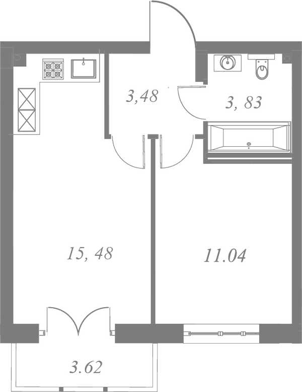 План квартиры №42 с 1 спальней на 5 этаже 3 корпуса ЖК Neva Residence