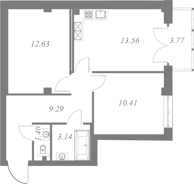 План квартиры №45 с 2 спальнями на 6 этаже 3 корпуса ЖК Neva Residence