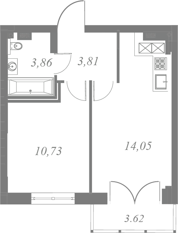 План квартиры №52 с 1 спальней на 7 этаже 3 корпуса ЖК Neva Residence