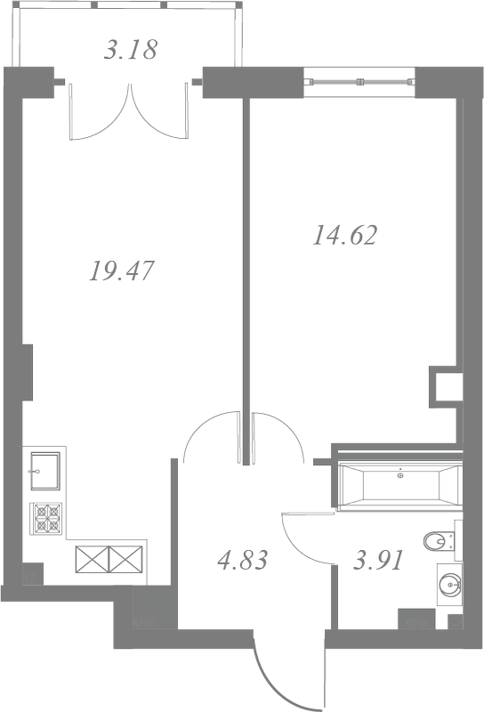 План квартиры №56 с 1 спальней на 7 этаже 3 корпуса ЖК Neva Residence