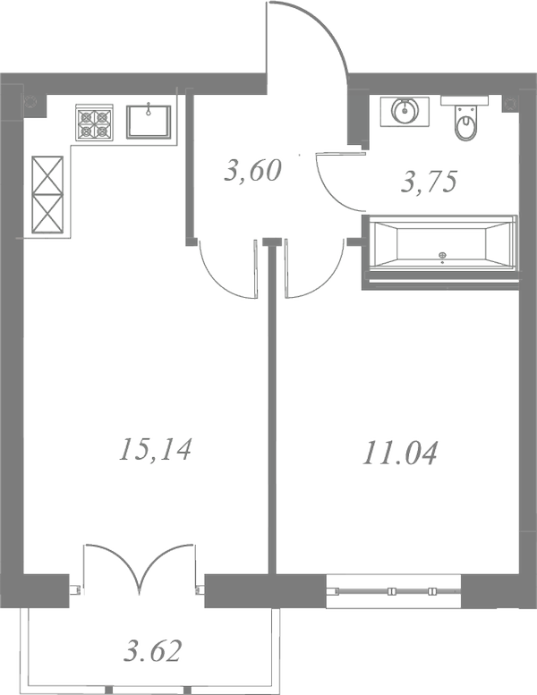 План квартиры №60 с 1 спальней на 7 этаже 3 корпуса ЖК Neva Residence