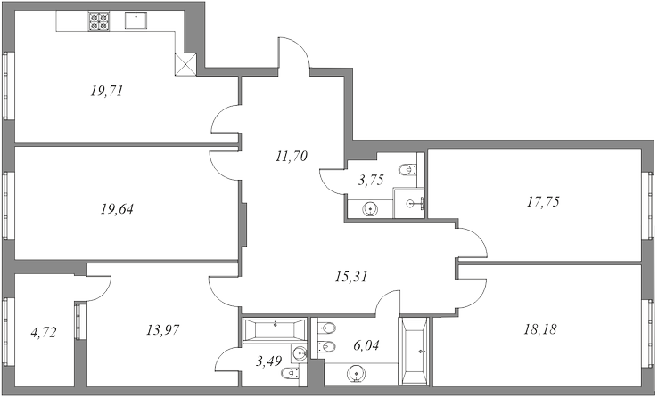 План квартиры №193 с 1 спальней на 8 этаже А корпуса ЖК "Петровская Доминанта"