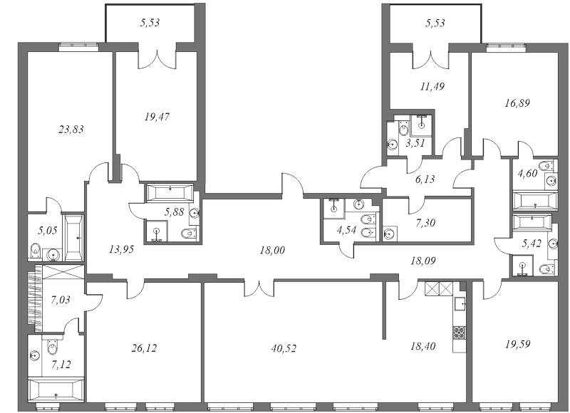 План квартиры №348 с 7 спальнями на 2 этаже В корпуса ЖК "Петровская Доминанта"