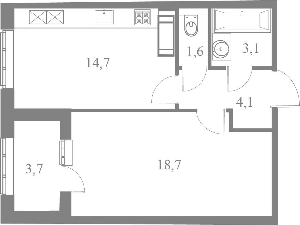 План квартиры №346 с 1 спальней на 4 этаже 2 корпуса ЖК "Петровский Квартал на воде"