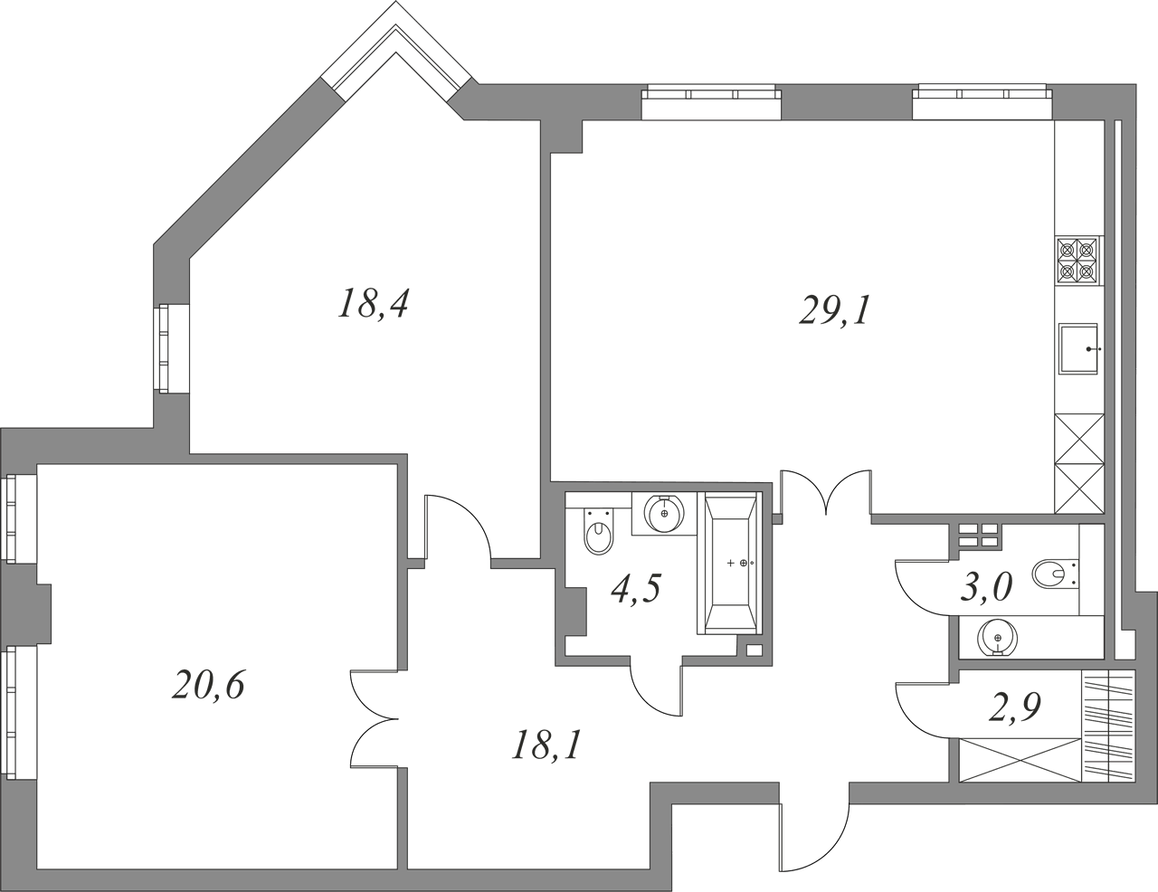 План квартиры №1.1.2 с 2 спальнями на 1 этаже 1 корпуса Royal Park