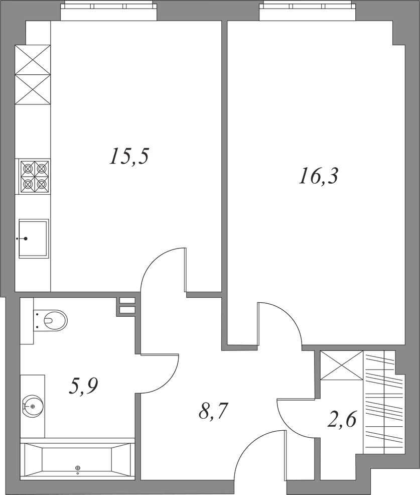 План квартиры №3.2.49 с 1 спальней на 2 этаже 1 корпуса Royal Park