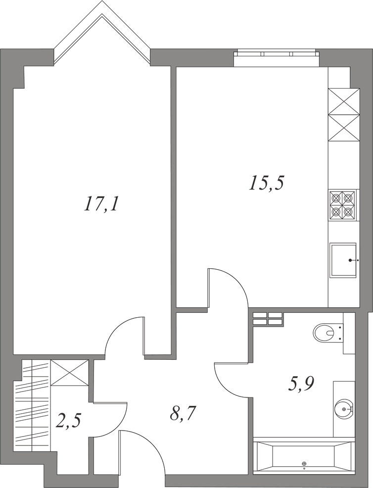 План квартиры №2.3.29 с 1 спальней на 3 этаже 1 корпуса Royal Park