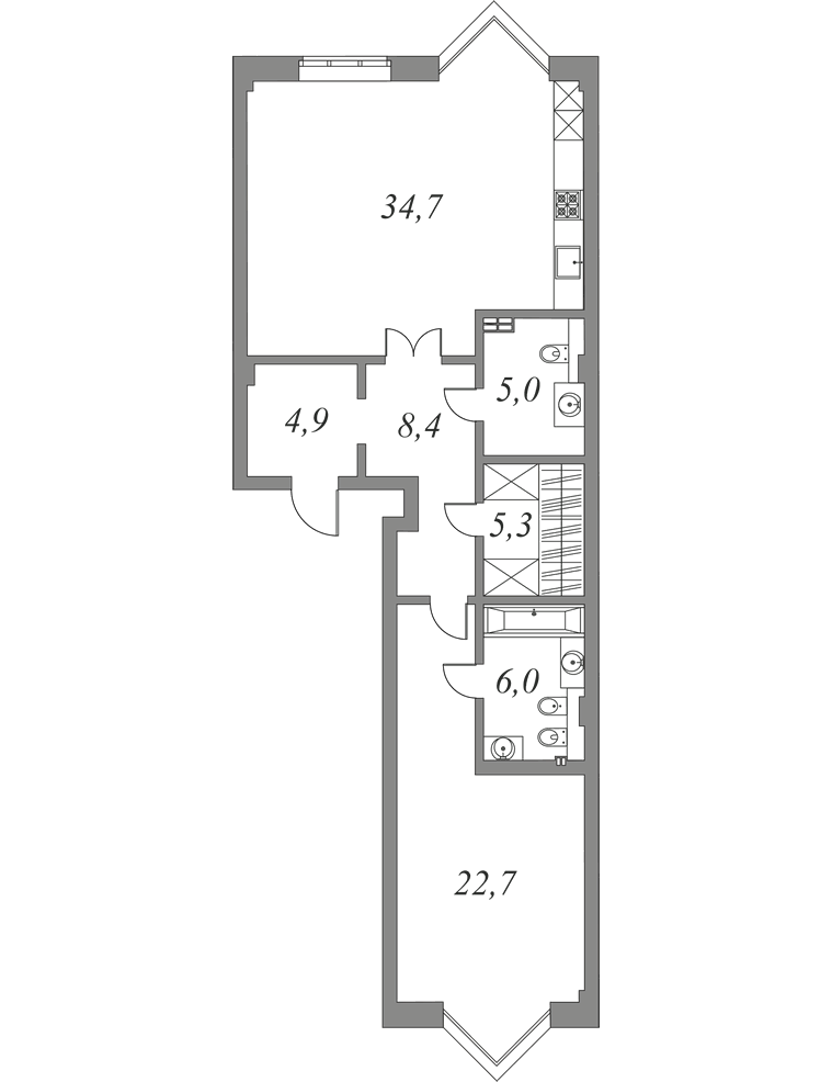 План квартиры №3.3.54 с 1 спальней на 3 этаже 1 корпуса Royal Park
