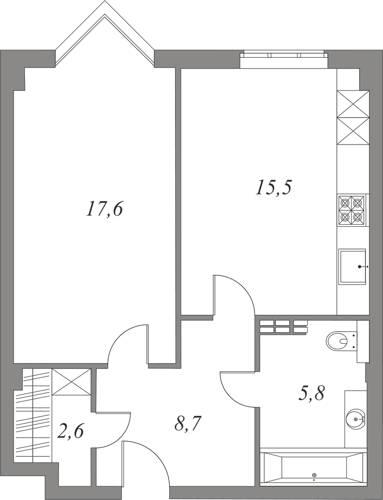 План квартиры №2.4.33 с 1 спальней на 4 этаже 1 корпуса Royal Park