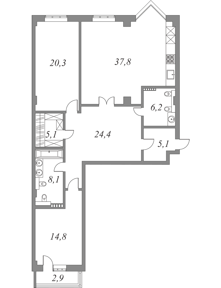 План квартиры №3.4.56 с 2 спальнями на 4 этаже 1 корпуса Royal Park