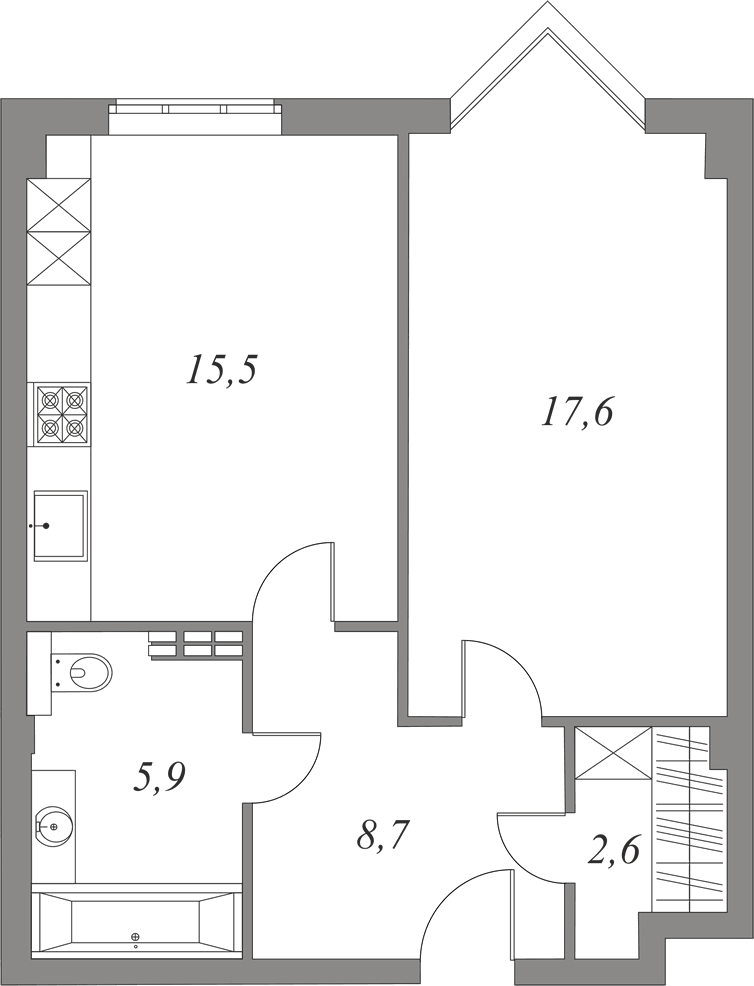 План квартиры №3.4.57 с 1 спальней на 4 этаже 1 корпуса Royal Park