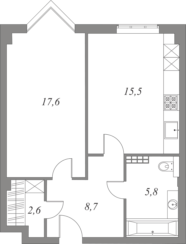 План квартиры №2.5.37 с 1 спальней на 5 этаже 1 корпуса Royal Park