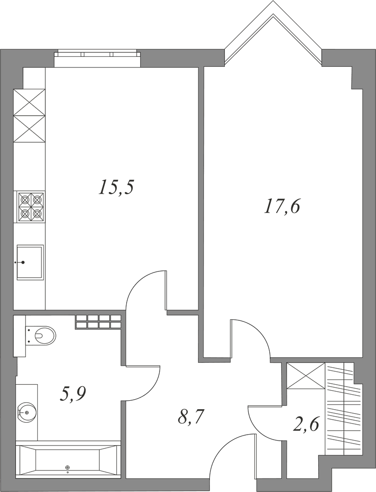 План квартиры №3.5.61 с 1 спальней на 5 этаже 1 корпуса Royal Park