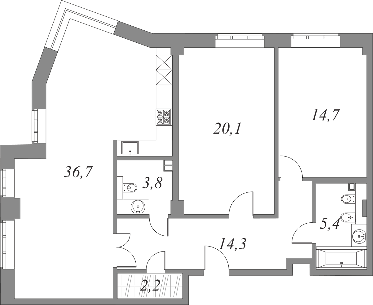 План квартиры №5.1.90 с 2 спальнями на 1 этаже 2А корпуса Royal Park