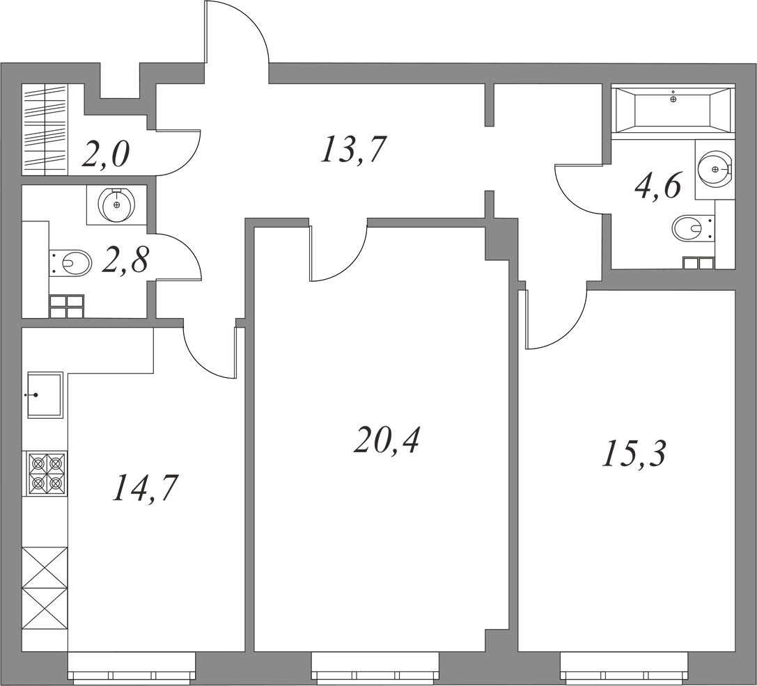 План квартиры №5.2.100 с 2 спальнями на 2 этаже 2А корпуса Royal Park