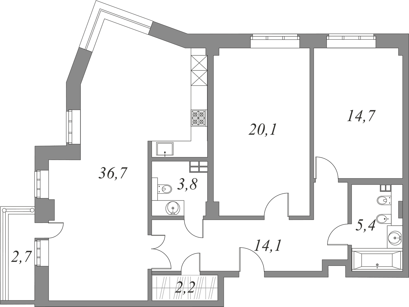 План квартиры №5.2.96 с 2 спальнями на 2 этаже 2А корпуса Royal Park