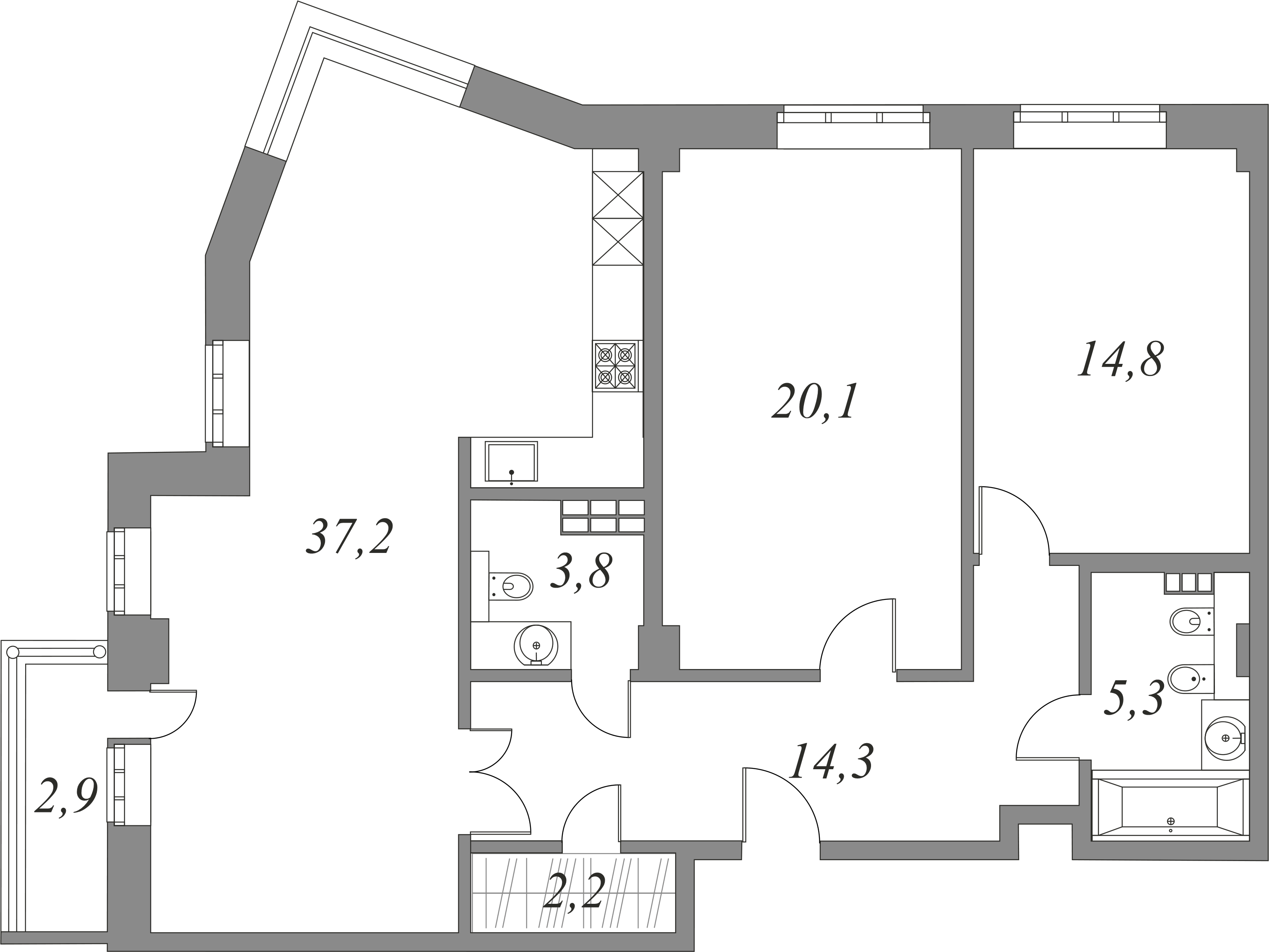 План квартиры №5.3.102 с 2 спальнями на 3 этаже 2А корпуса Royal Park