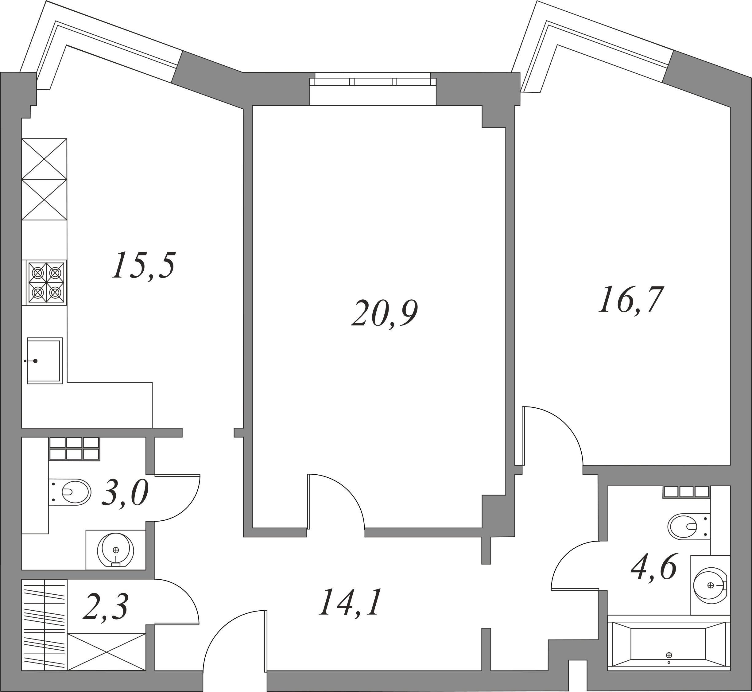 План квартиры №5.3.103 с 2 спальнями на 3 этаже 2А корпуса Royal Park