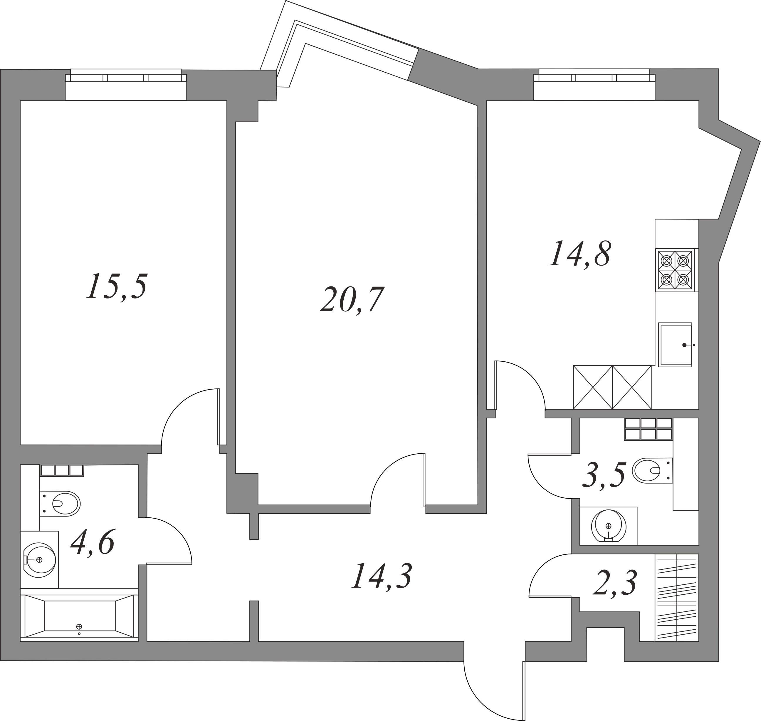 План квартиры №5.3.104 с 2 спальнями на 3 этаже 2А корпуса Royal Park