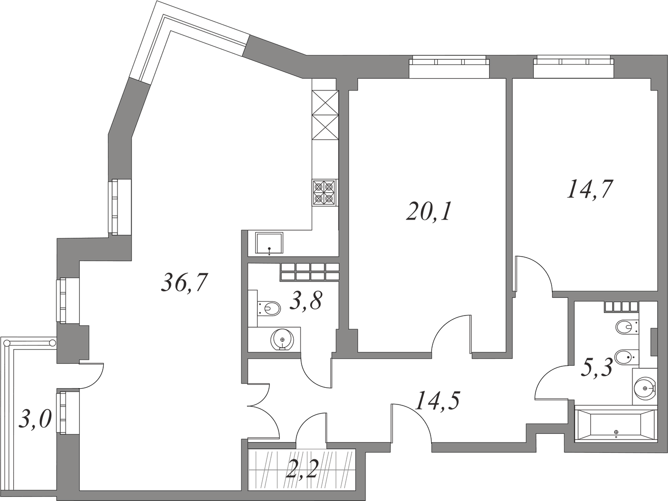 План квартиры №5.4.108 с 2 спальнями на 4 этаже 2А корпуса Royal Park