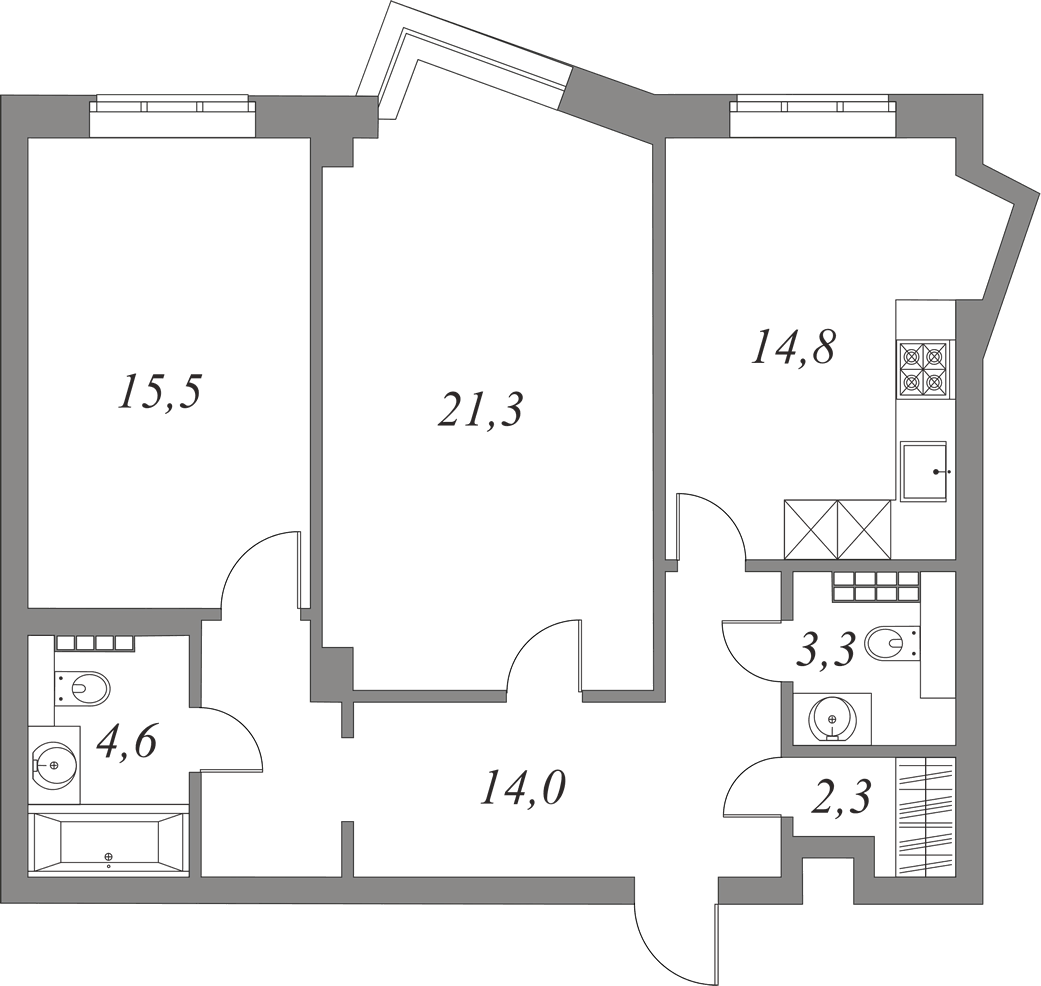 План квартиры №5.4.110 с 2 спальнями на 4 этаже 2А корпуса Royal Park