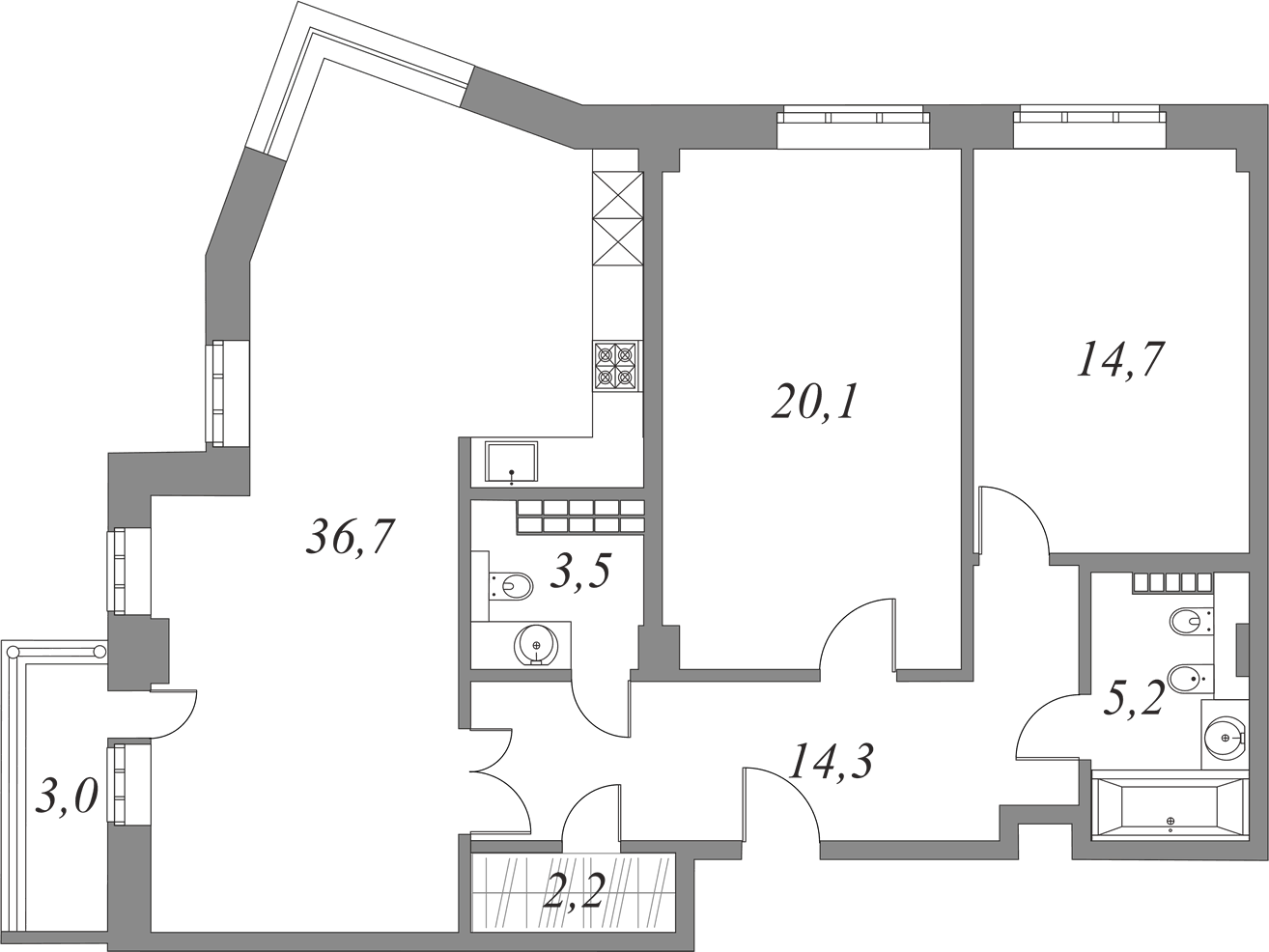 План квартиры №5.5.114 с 2 спальнями на 5 этаже 2А корпуса Royal Park