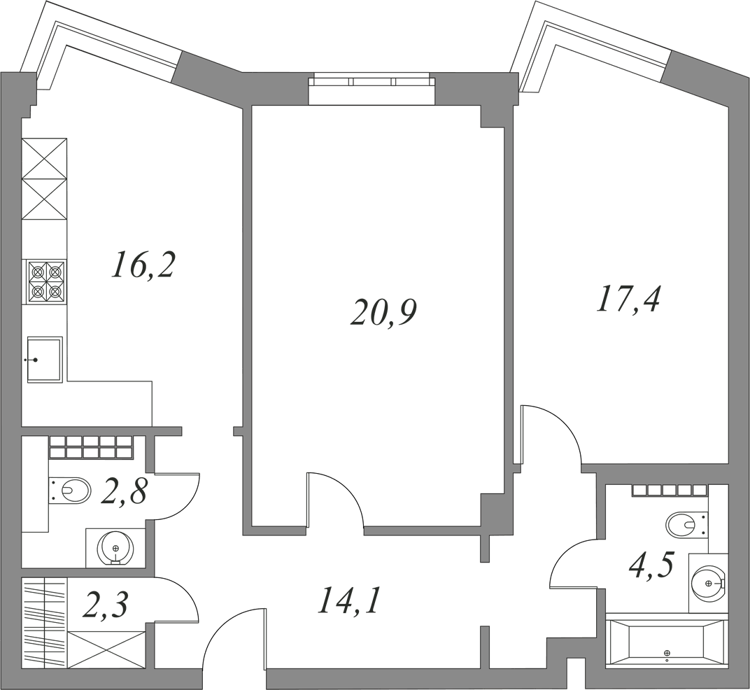 План квартиры №5.5.115 с 2 спальнями на 5 этаже 2А корпуса Royal Park